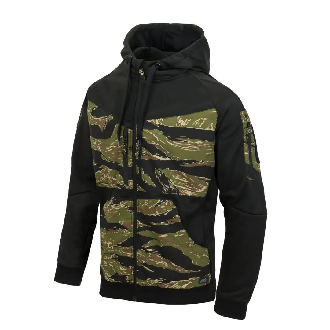 Hooded Helikon-Tex Rogue Full-Zip Hoodie in black and camouflage design for outdoors and hunting