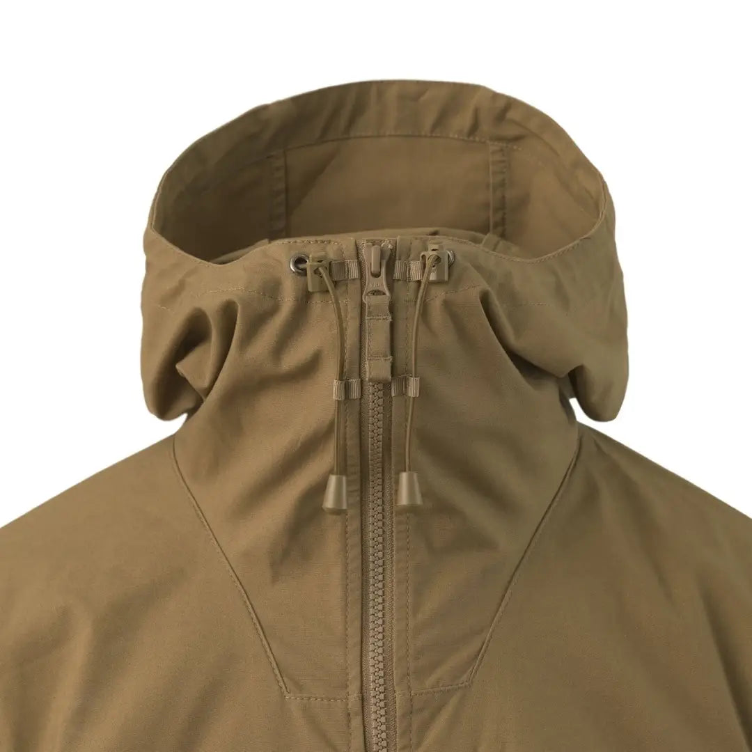 Tan tactical jacket with high collar and zipper, perfect as a Helikon-Tex SAS smock