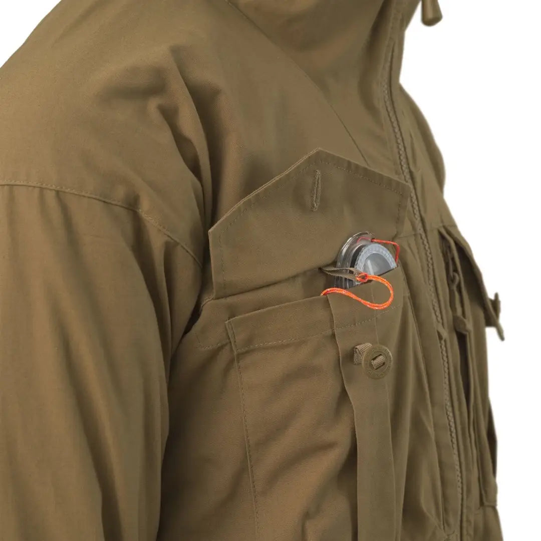 Tan Helikon-Tex SAS smock jacket with chest pocket and embroidered patch