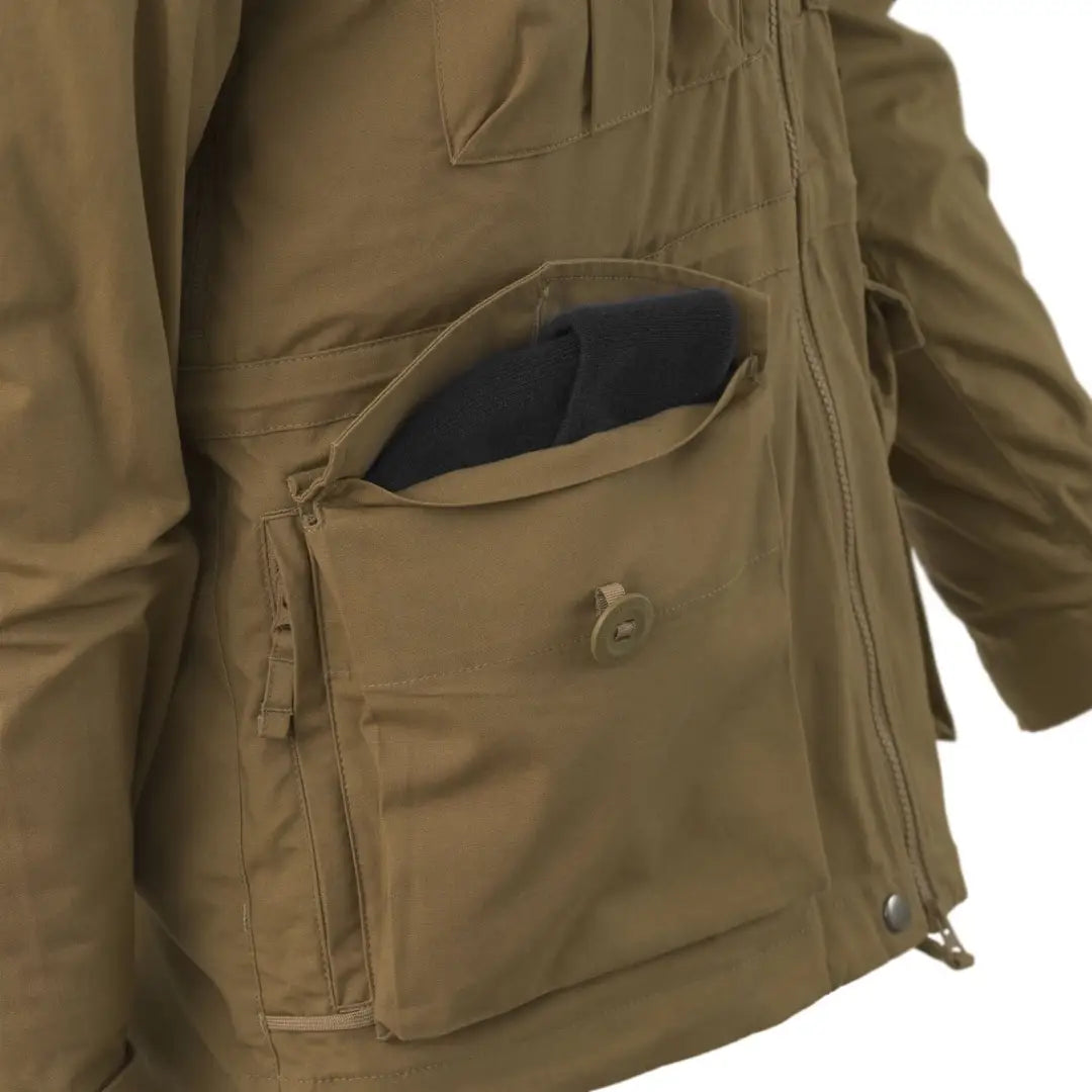 Tan Helikon-Tex SAS Duracanvas Anorak smock jacket with multiple pockets and zippers