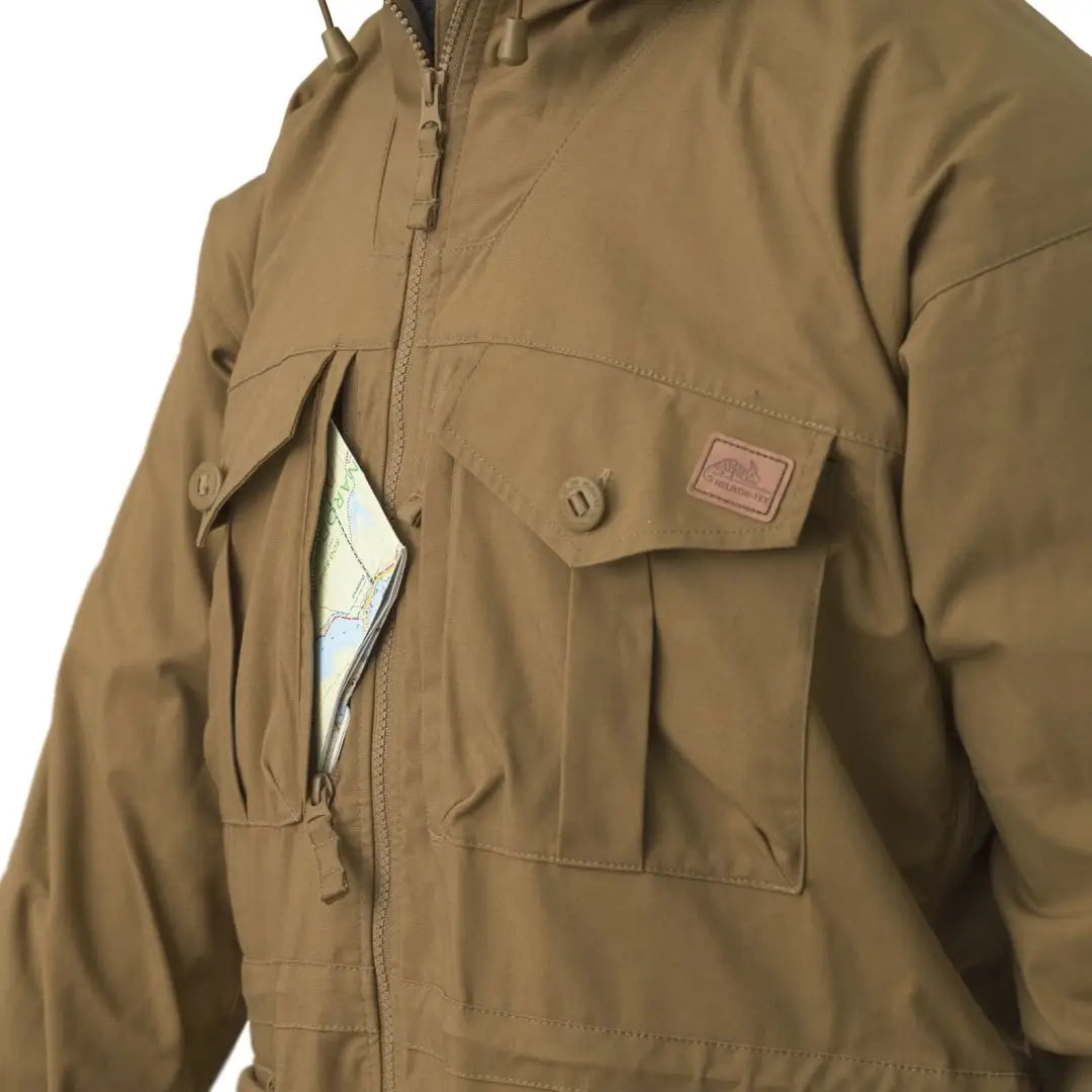 Tan Helikon-Tex SAS smock jacket with pockets and map peeking from zipper