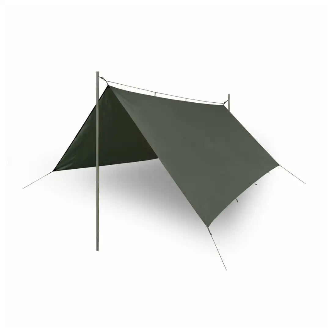 Simple Helikon-Tex Supertarp shelter with angled roof and attachment points for camping