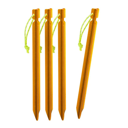 Orange metal tarp stakes with neon yellow cords for country clothing and hunting gear