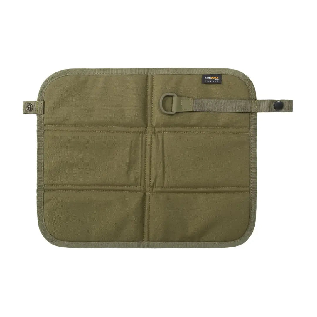 Olive green padded laptop sleeve with compartments and strap, perfect for outdoors and hunting