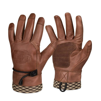 Brown leather Woodcrafter Gloves with patterned cuffs and adjustable wrist straps