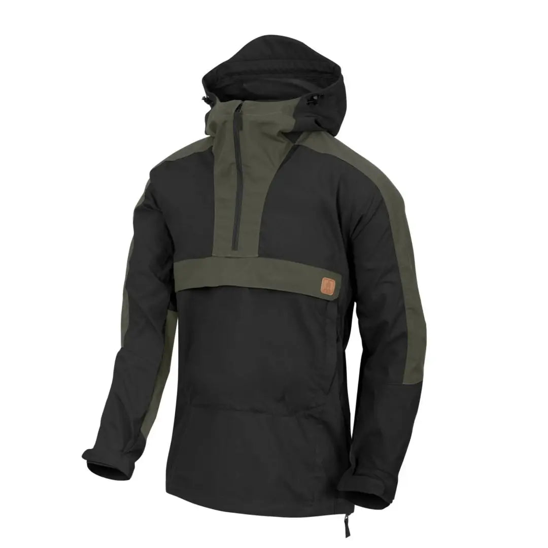 Hooded Helikon-Tex Woodsman Anorak Jacket in black and olive green with half-zip front