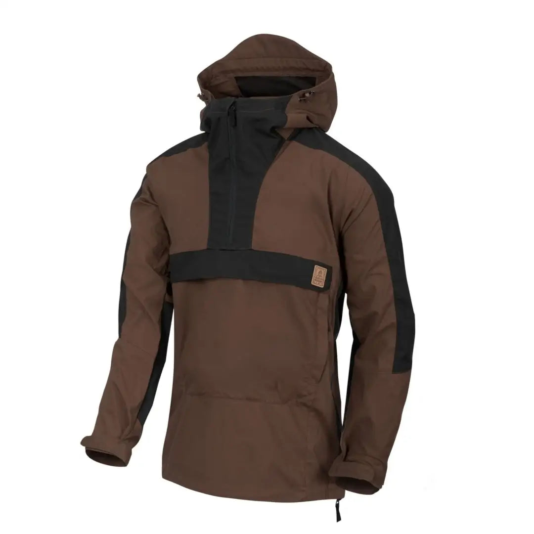 Brown and black Helikon-Tex Woodsman Anorak Jacket with front zipper pocket