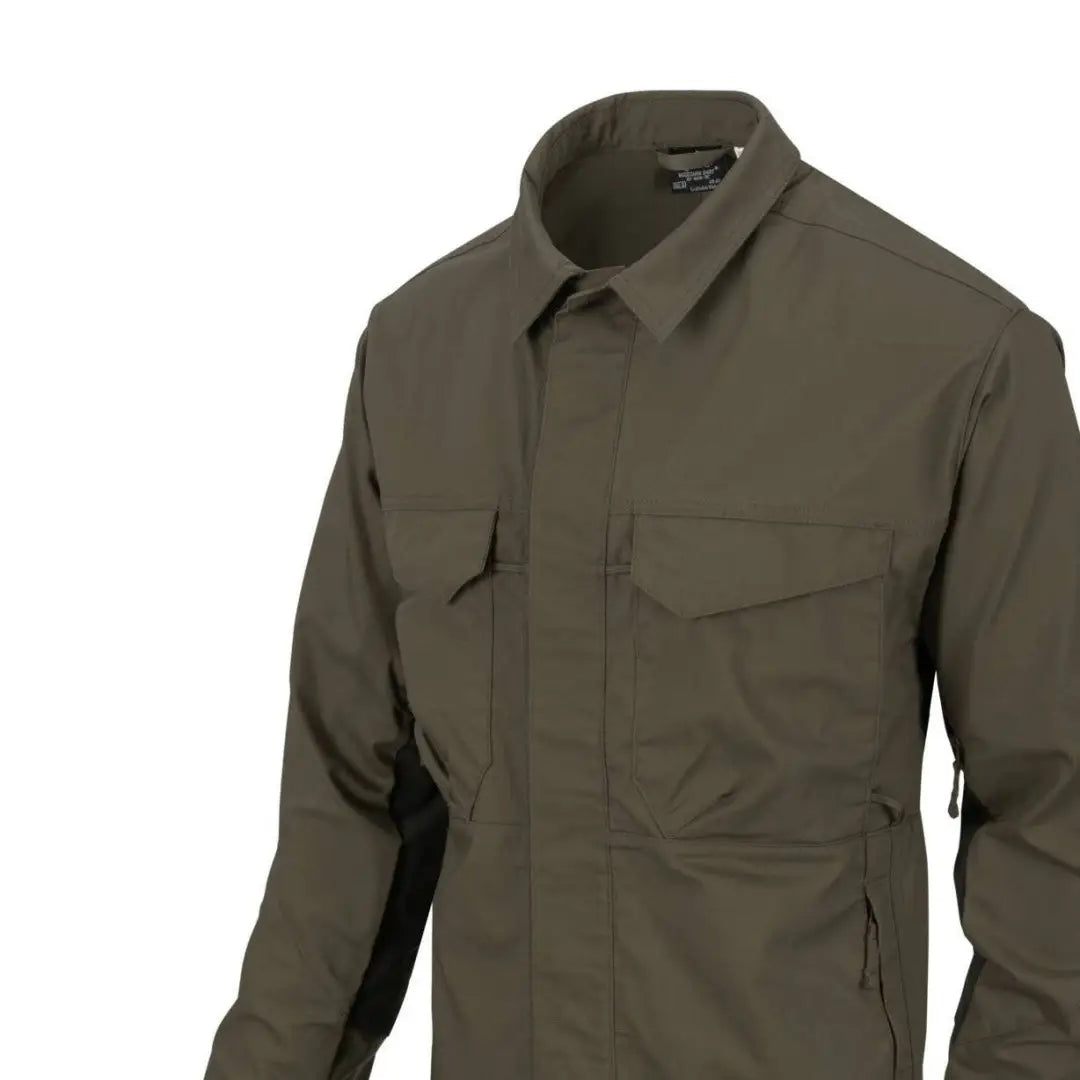 Olive green Helikon-Tex Woodsman Shirt with pockets for outdoor enthusiasts in duracanvas® fabric