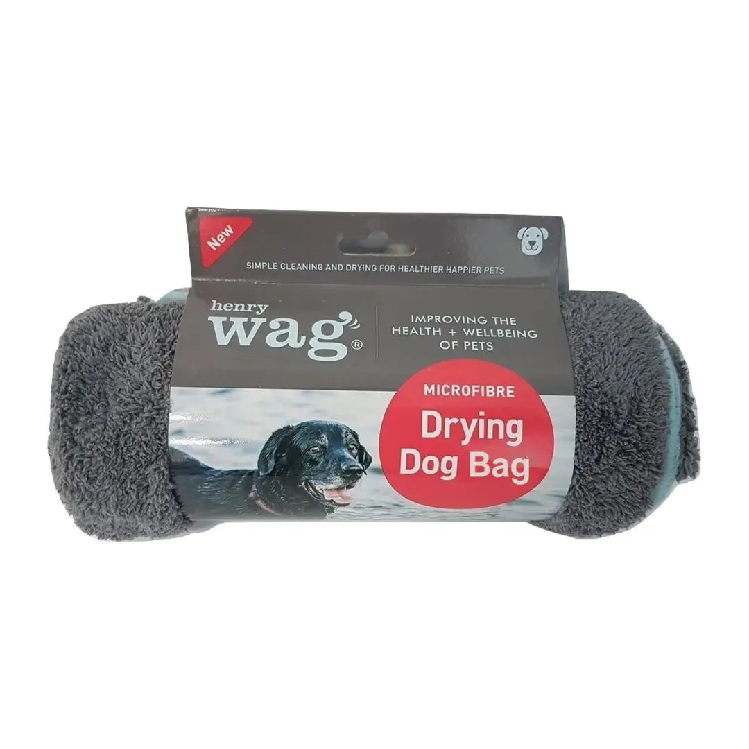 Rolled-up gray microfiber dog drying bag from Henry Wag for quick drying after walks