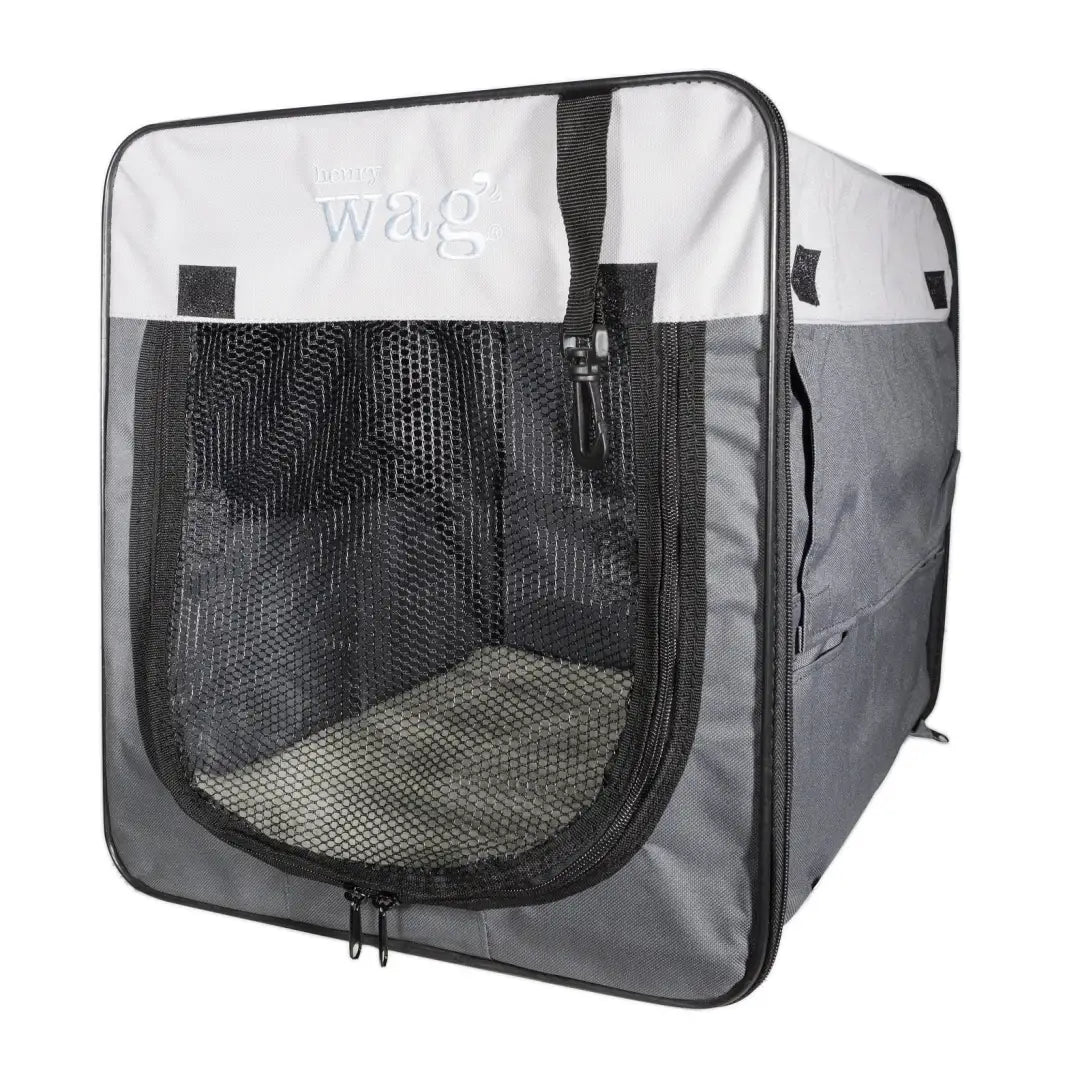 Portable Henry Wag folding fabric pet crate with mesh panels and zippered openings