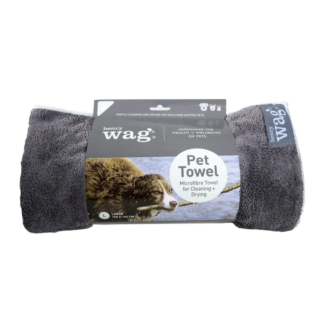 Gray Henry Wag Microfibre Cleaning Towel in packaging, ideal for drying your pet’s coat