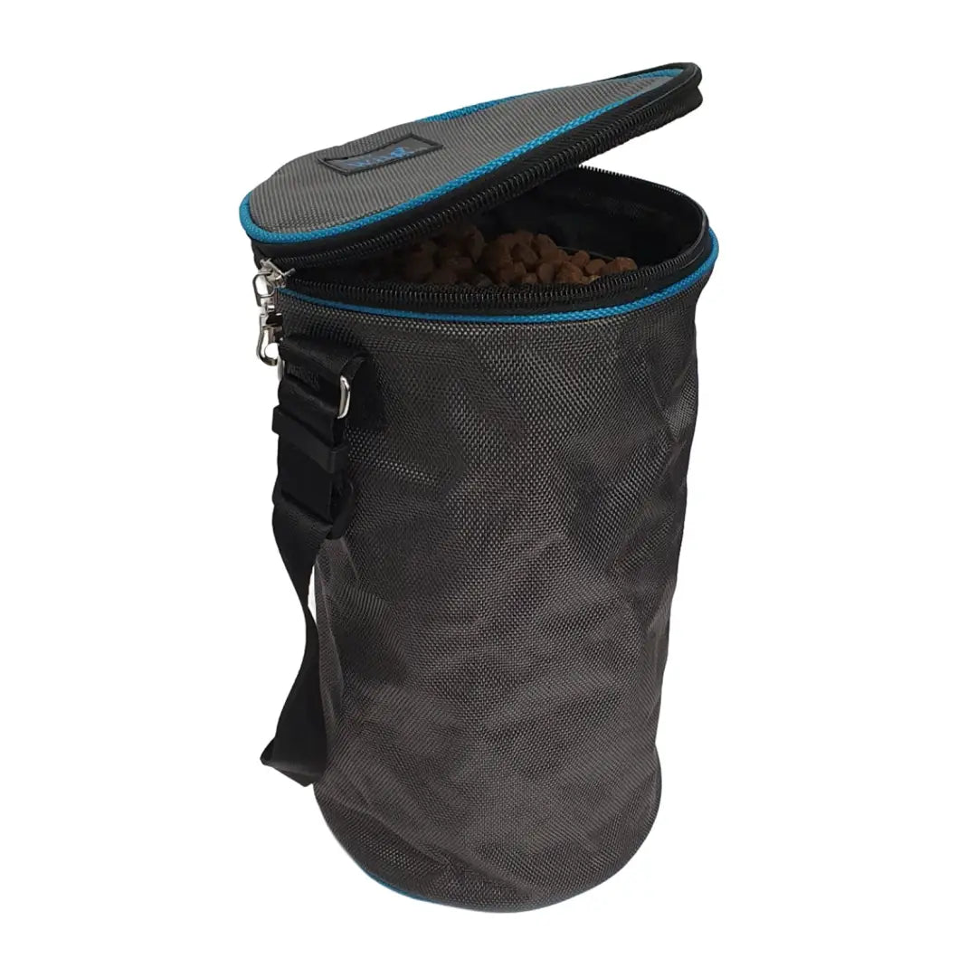 Cylindrical black fabric Henry Wag Snack Pack with zippered lid and blue trim