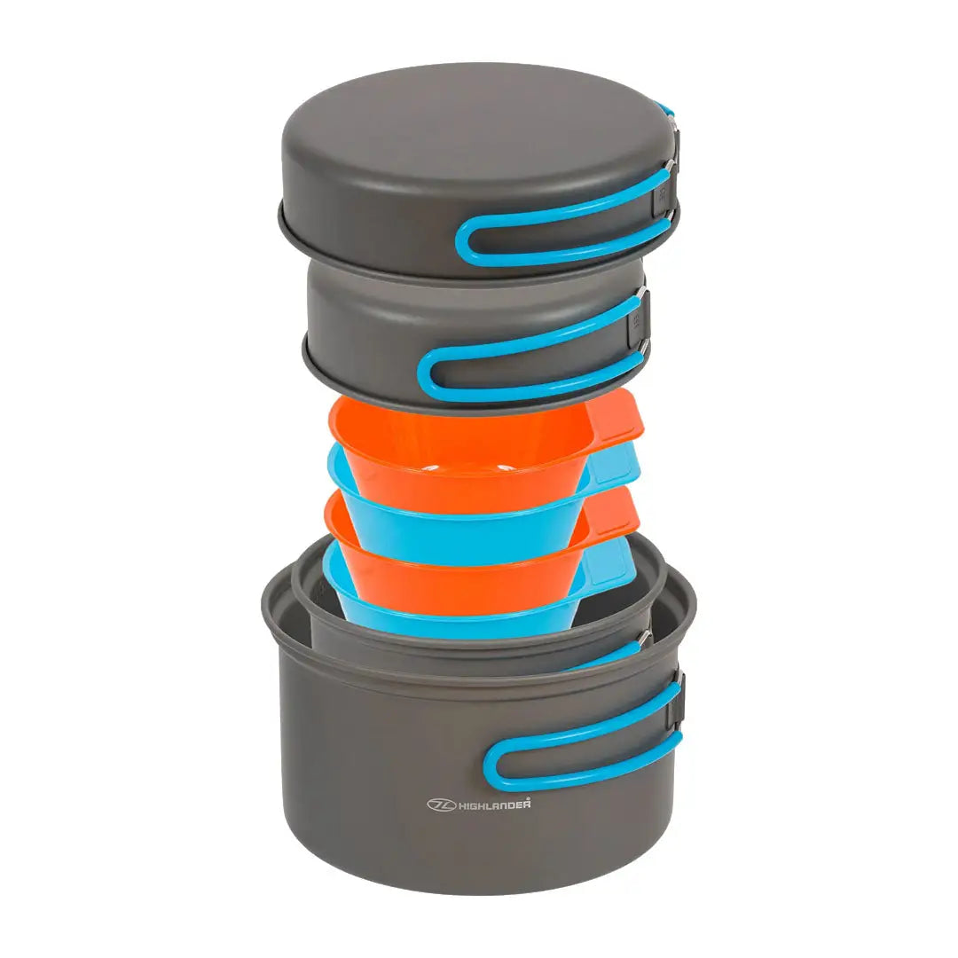 Stackable Highlander Apex Weekender Camping Cookset in gray, orange, and blue