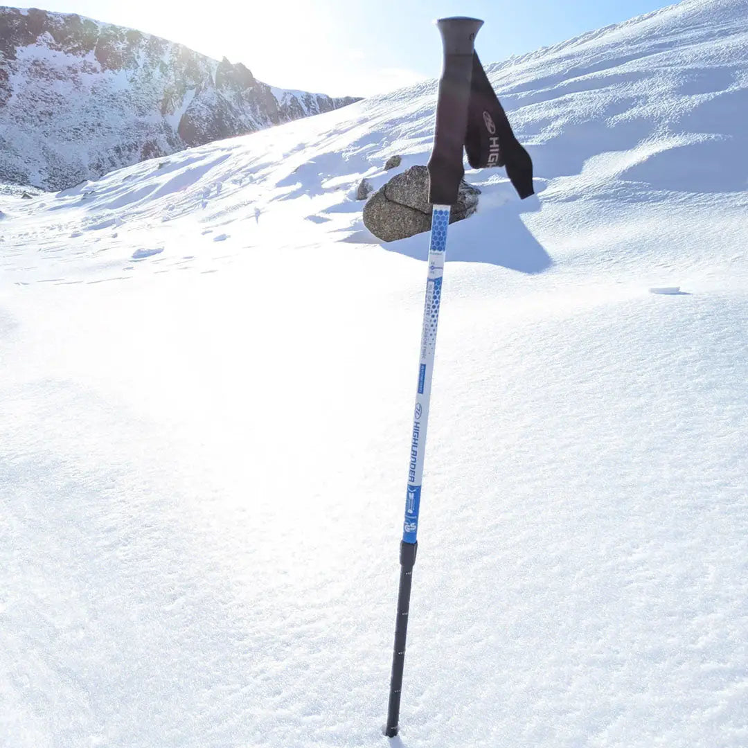 Highlander Carbon Fibre Isle Of Skye Walking Pole standing tall in fresh snow