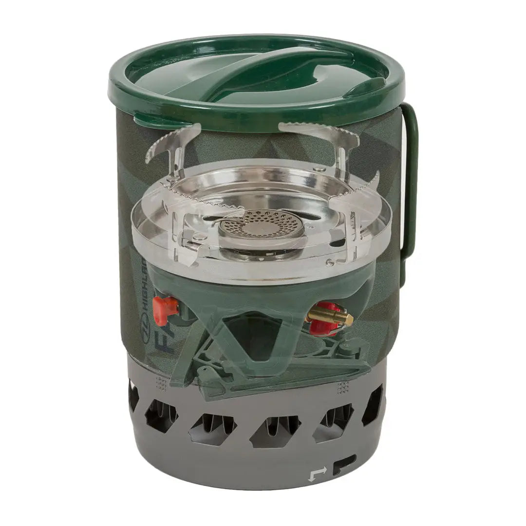 Portable Highlander Fastboil 3 Gas Stove with green lid and gas cartridge holder