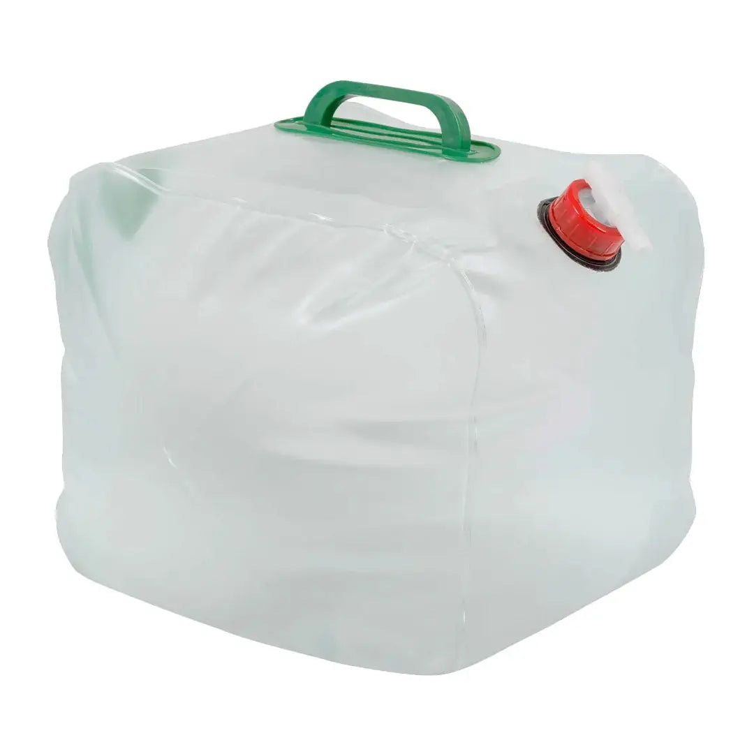 Collapsible water carrier with green handle and red cap, perfect for country clothing adventures