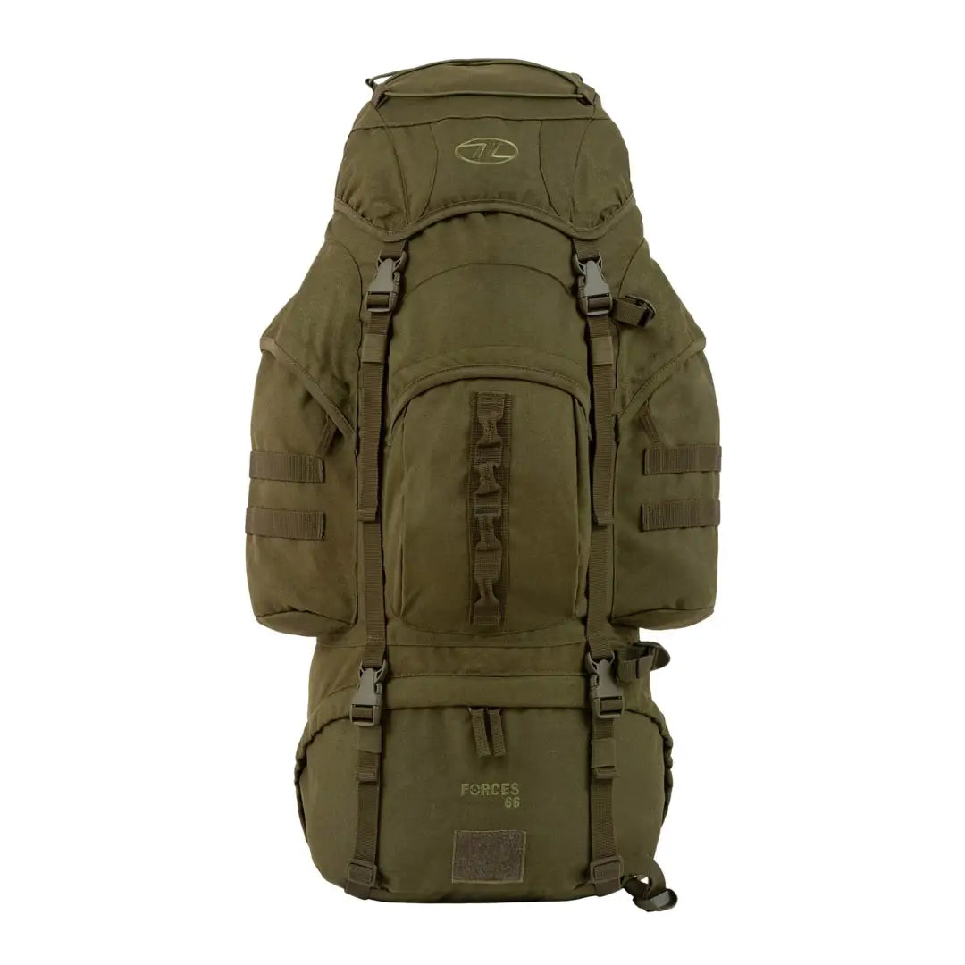 Durable pack equipped Highlander Forces Rucksack 66L in military olive green