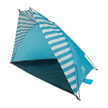 Blue and white striped Highlander Harris Sports Shelter perfect for sunny beach days