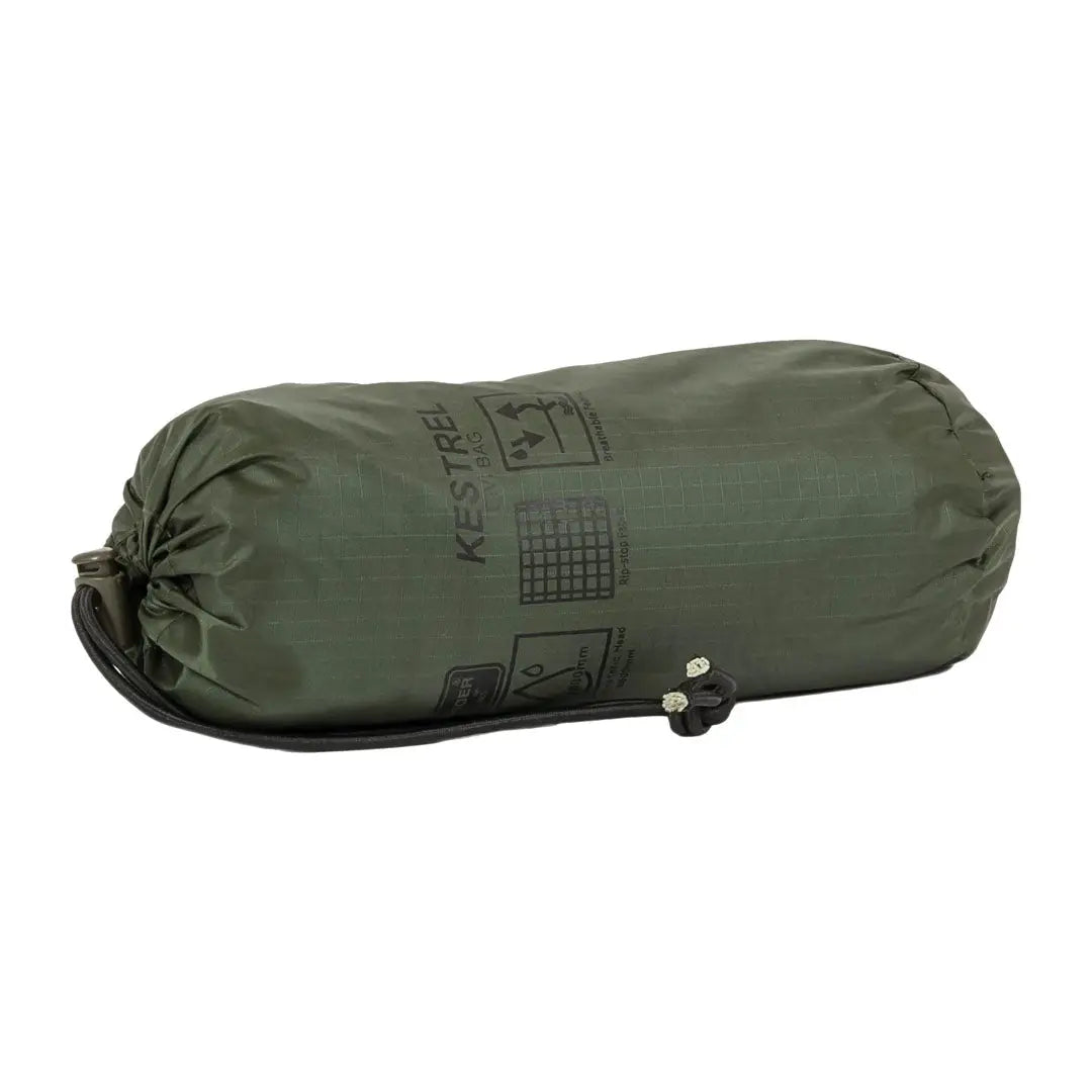 Military-style olive green Kestrel Bivvy Bag with handy instructional icons