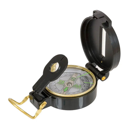 Handheld Highlander Lensatic Compass with a black casing for outdoor adventures