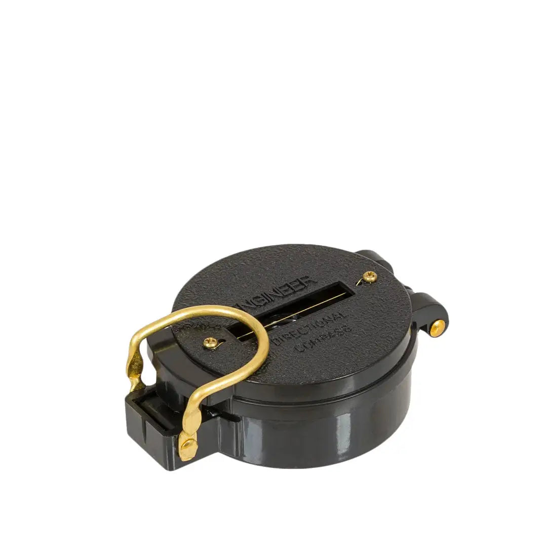 Highlander Lensatic Compass in black casing and gold, perfect for country clothing and hunting