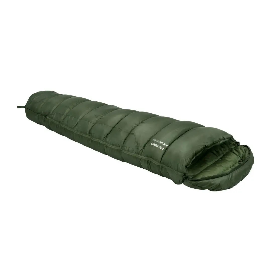 Dark green mummy-style sleeping bag with zipper perfect for country clothing and hunting