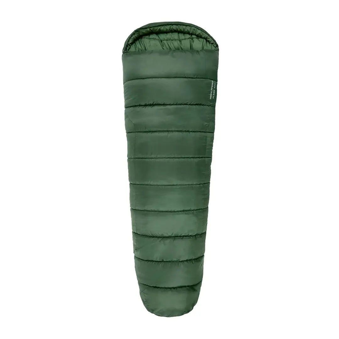 Green mummy-style sleeping bag with horizontal quilted sections for outdoor adventures