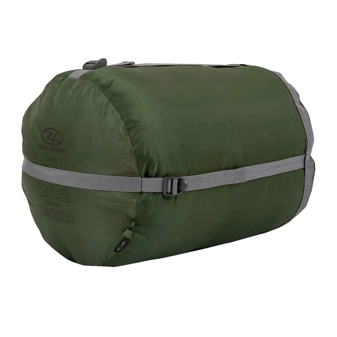 Olive green Highlander Phoenix Flame 400 sleeping bag with gray straps for camping and hunting