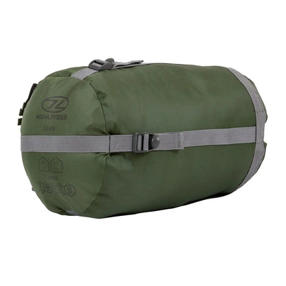 Olive green Highlander Phoenix Spark 150 sleeping bag with gray straps for two season camping