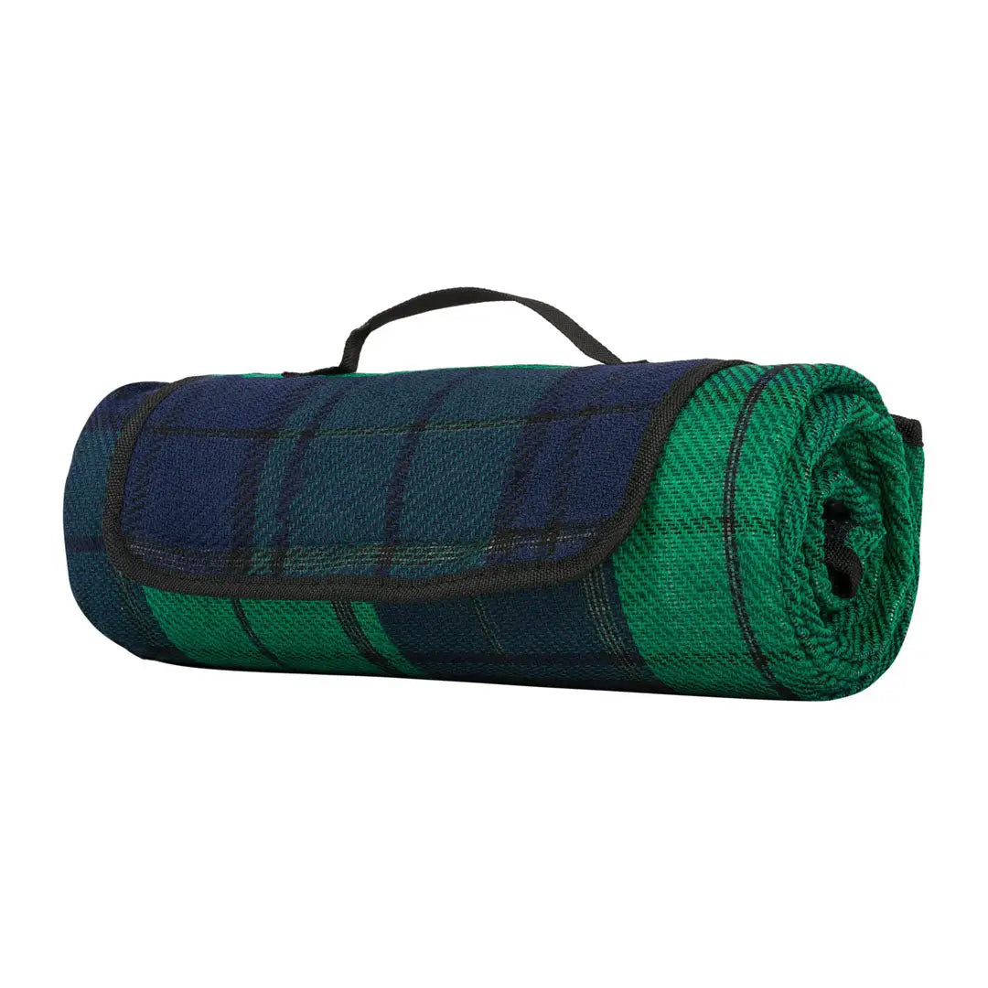 Rolled-up Highlander Picnic Blanket Midnight Glen with handle, perfect for country outings