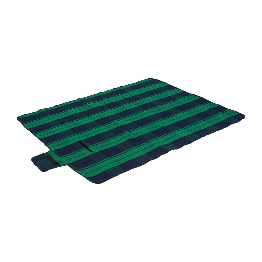 Striped green and navy blue Highlander Picnic Blanket, perfect for outdoor fun and country outings