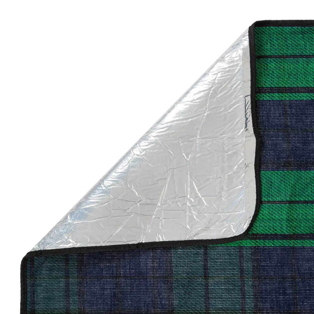 Corner of plaid Highlander Picnic Blanket Midnight Glen with silver backing for outdoor fun