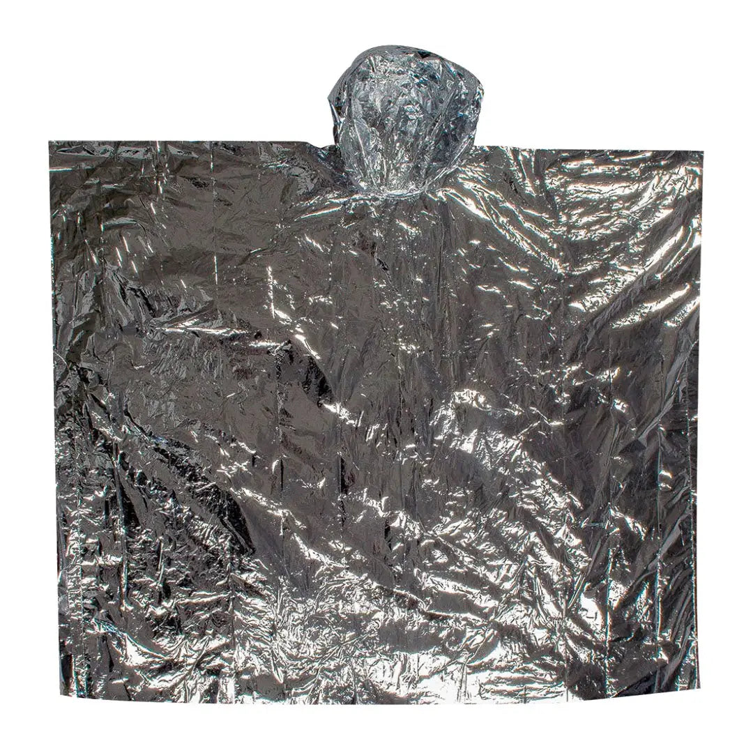 Metallic silver Highlander Reflective Survival Poncho with hood for country clothing and hunting