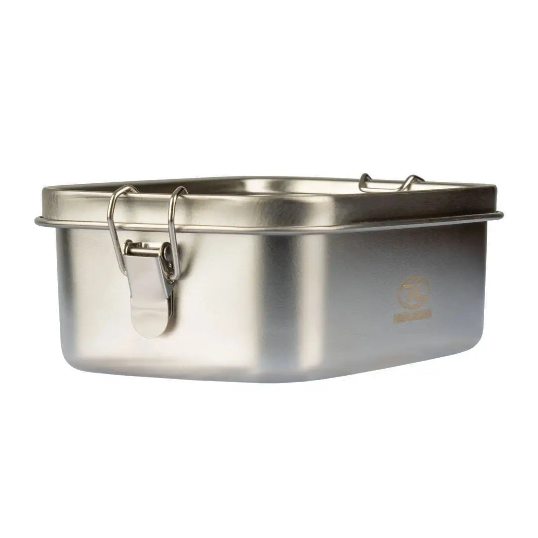 Stainless steel Highlander Scran Box lunch box with hinged lid and locking clasp