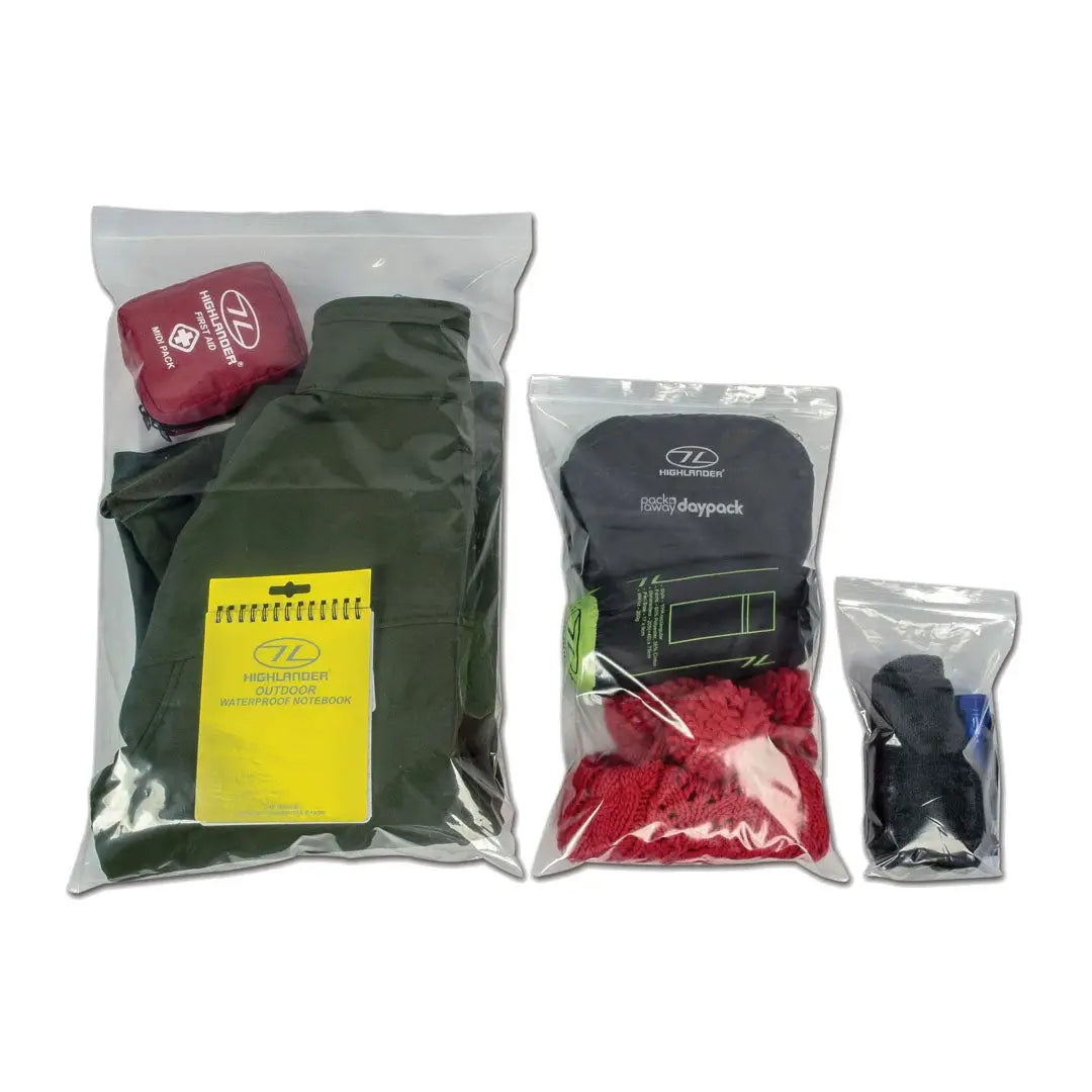 Clear plastic bags with camping gear for country clothing and outdoor adventures