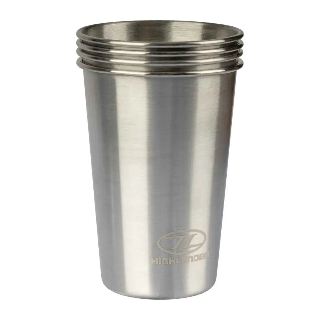 Stainless steel camp cup with ribbed top edge from Highlander, perfect for outdoor adventures