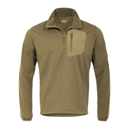 Olive green Highlander Tactical Hirta Fleece pullover with chest pocket, perfect for outdoor adventures