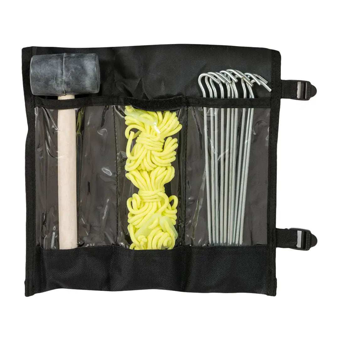 Camping gear organizer with tent stakes, rope, and mallet from Highlander Tent Accessory Kit