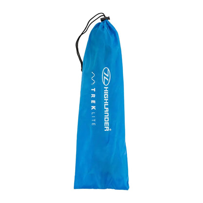 Blue drawstring bag with Highlander Trek Lite branding next to a walking pole