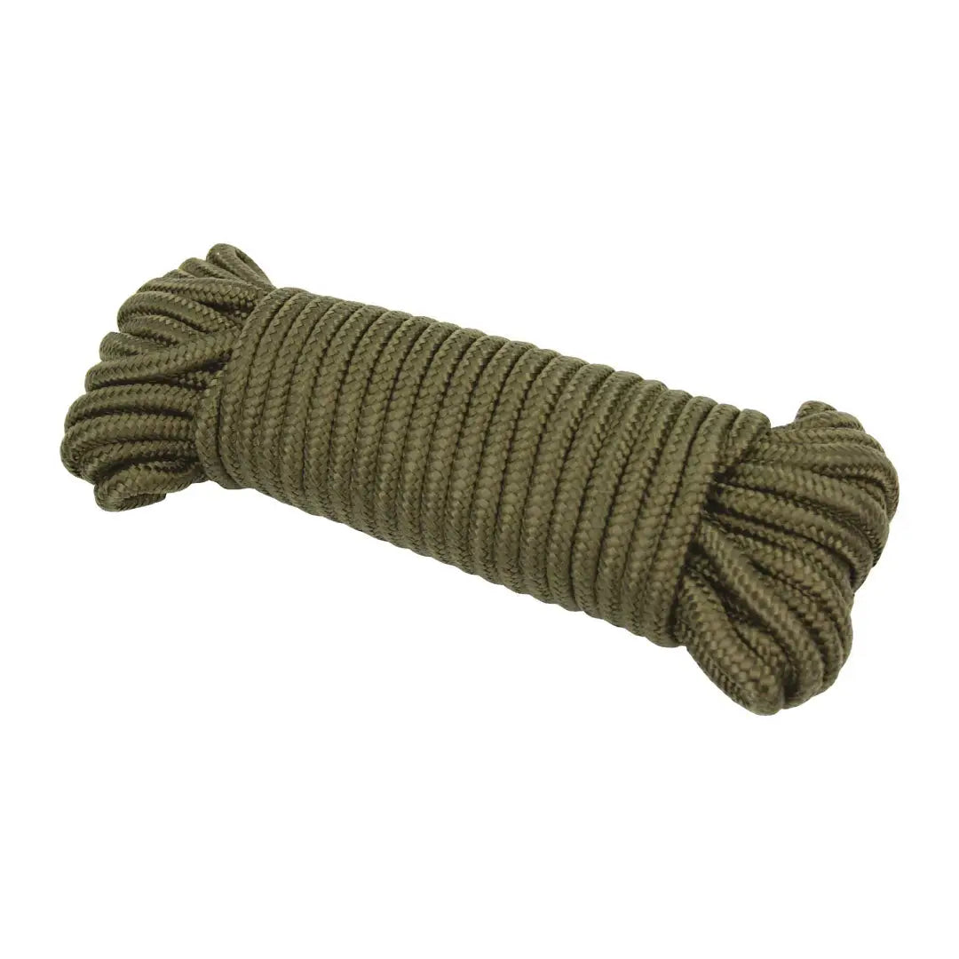 Coiled green nylon rope for outdoor adventures and country clothing needs