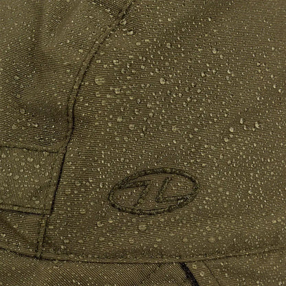 Olive green fabric with water droplets and embroidered logo on Highlander Waterproof Mountain Hat