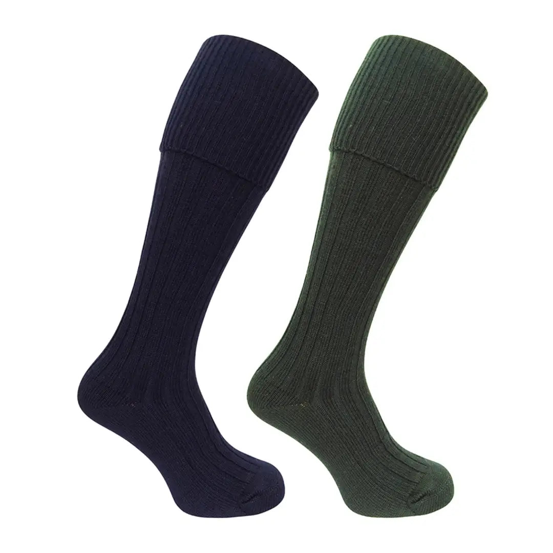 Navy blue and dark green Hoggs of Fife shooting socks in a comfy ribbed design