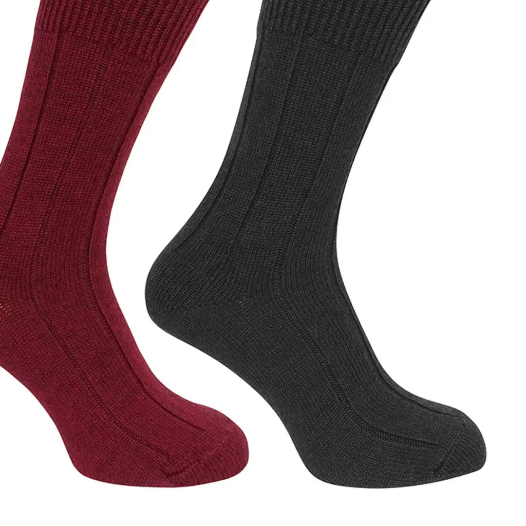 Two knitted burgundy and black Merino Country Socks from Hoggs of Fife, perfect for country style