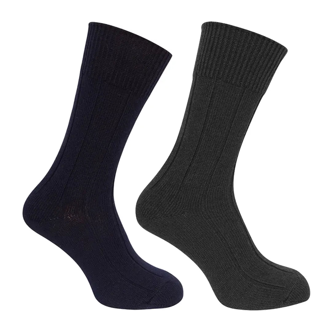 Two stylish Hoggs of Fife brogue merino country socks in navy blue and charcoal gray