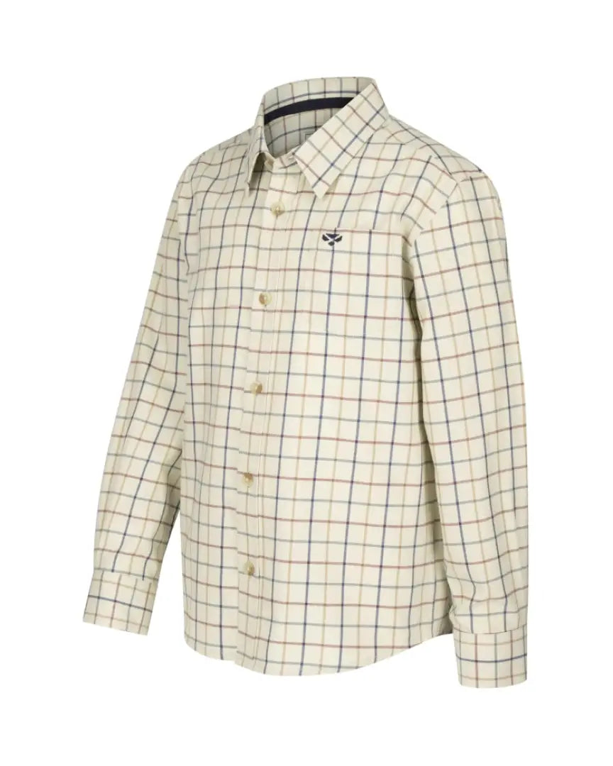 Cream-colored Ambassador Junior Tattersall Shirt with a brown checkered pattern