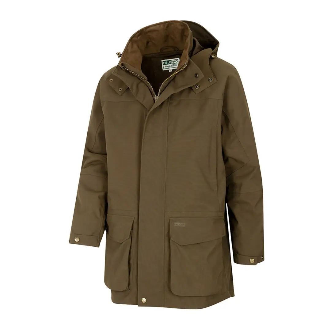 Brown hooded waterproof Ballater Field Coat, perfect for the ideal Scottish Highlands