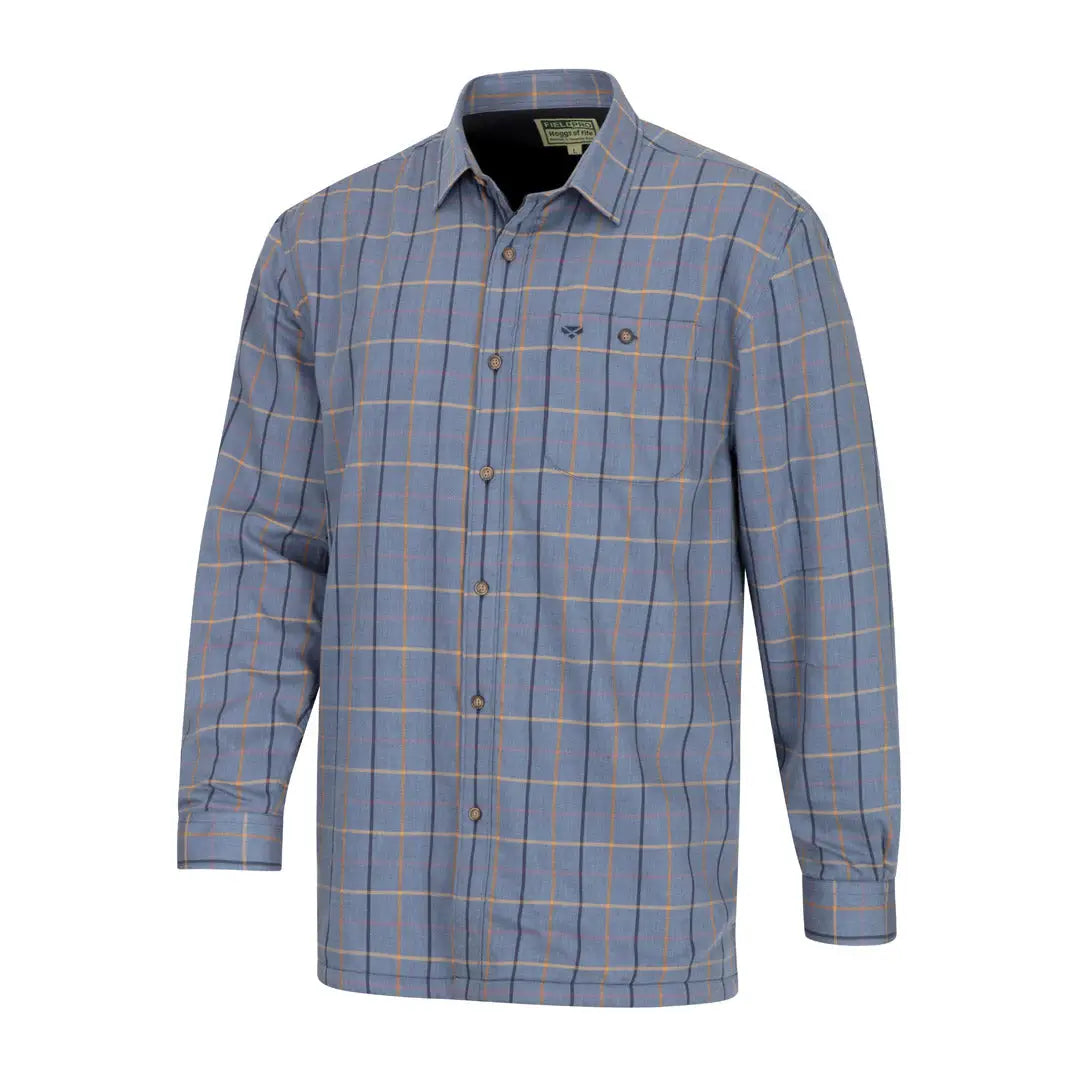 Gray plaid button-up shirt with contrast microfleece lining for cozy style