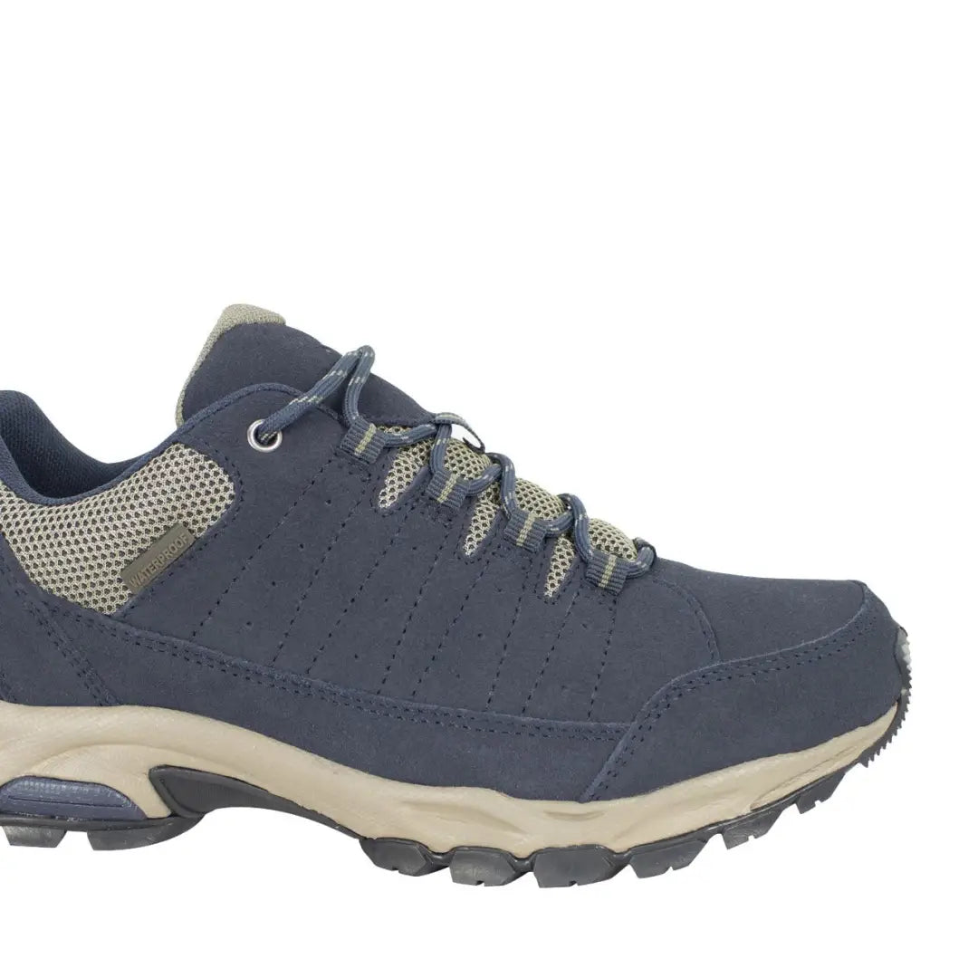 Rugged Fife Cairn hiking shoes in navy blue and beige for day long adventures