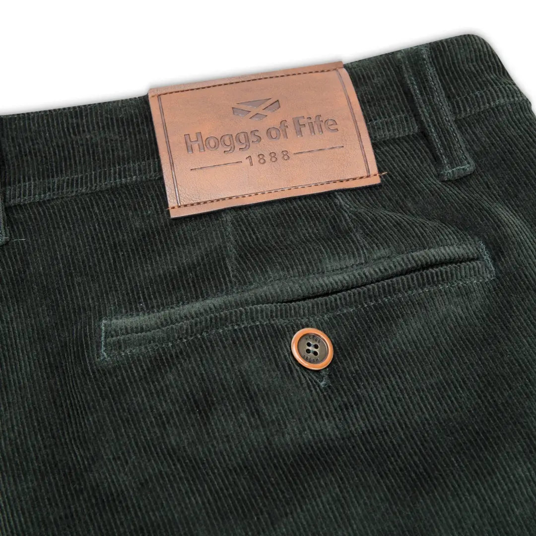 Dark green corduroy pants with Hoggs of Fife patch, perfect for country clothing and outdoors