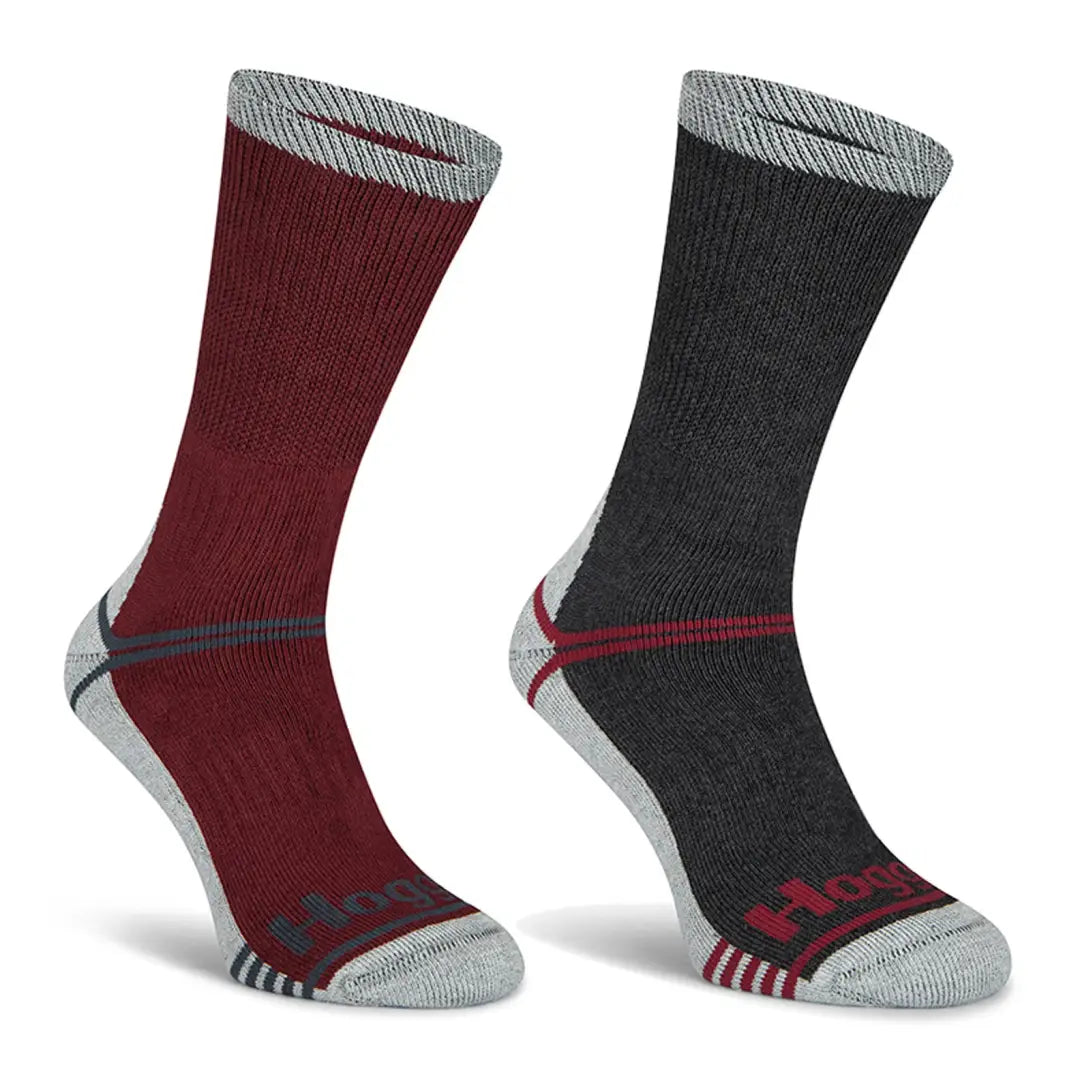 Thick cushioned Hoggs Of Fife Coolmax socks in burgundy and charcoal for outdoor adventures